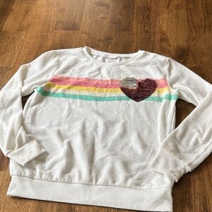 White Sweatshirt with Rainbow Stripes and Sequin Flip Heart